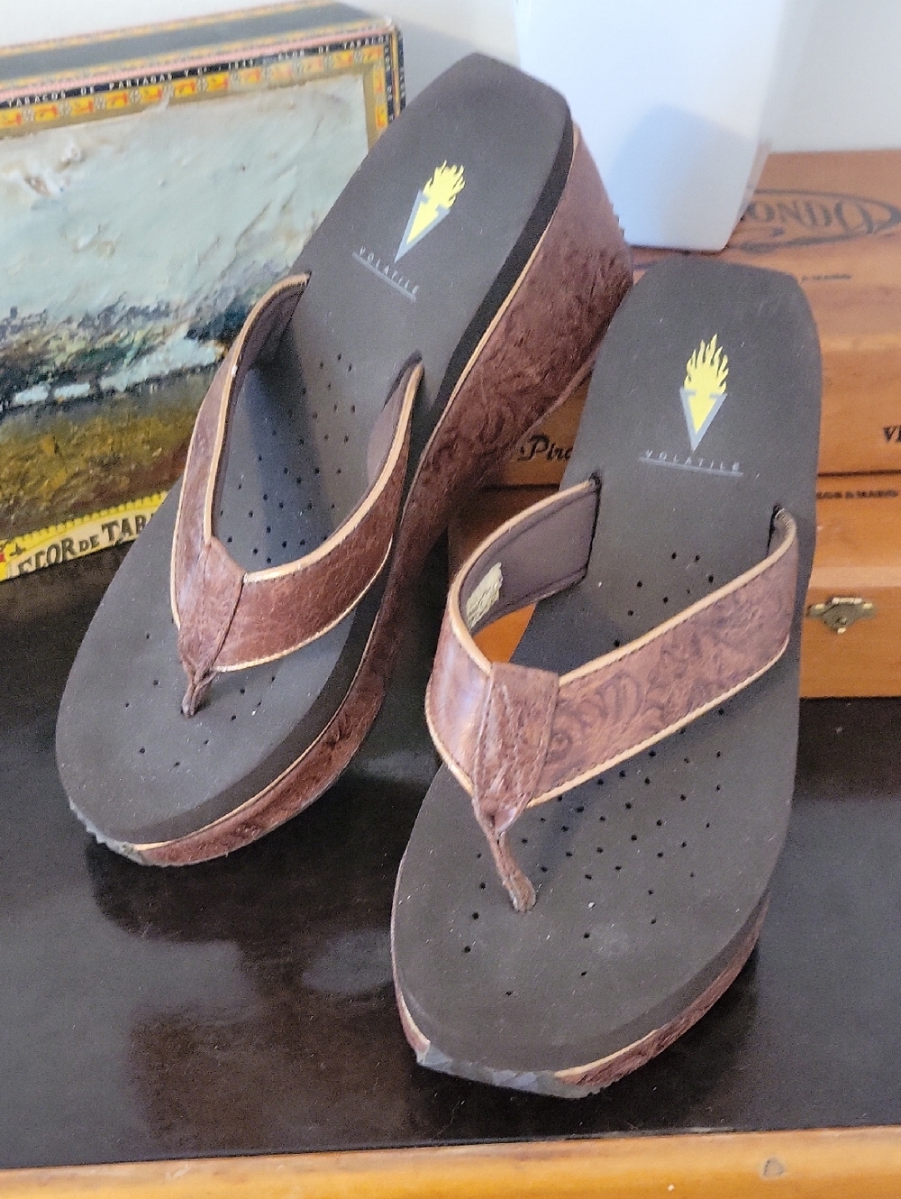 VOLATILE  Brown  Platform Thong Sandals with Gold Trim